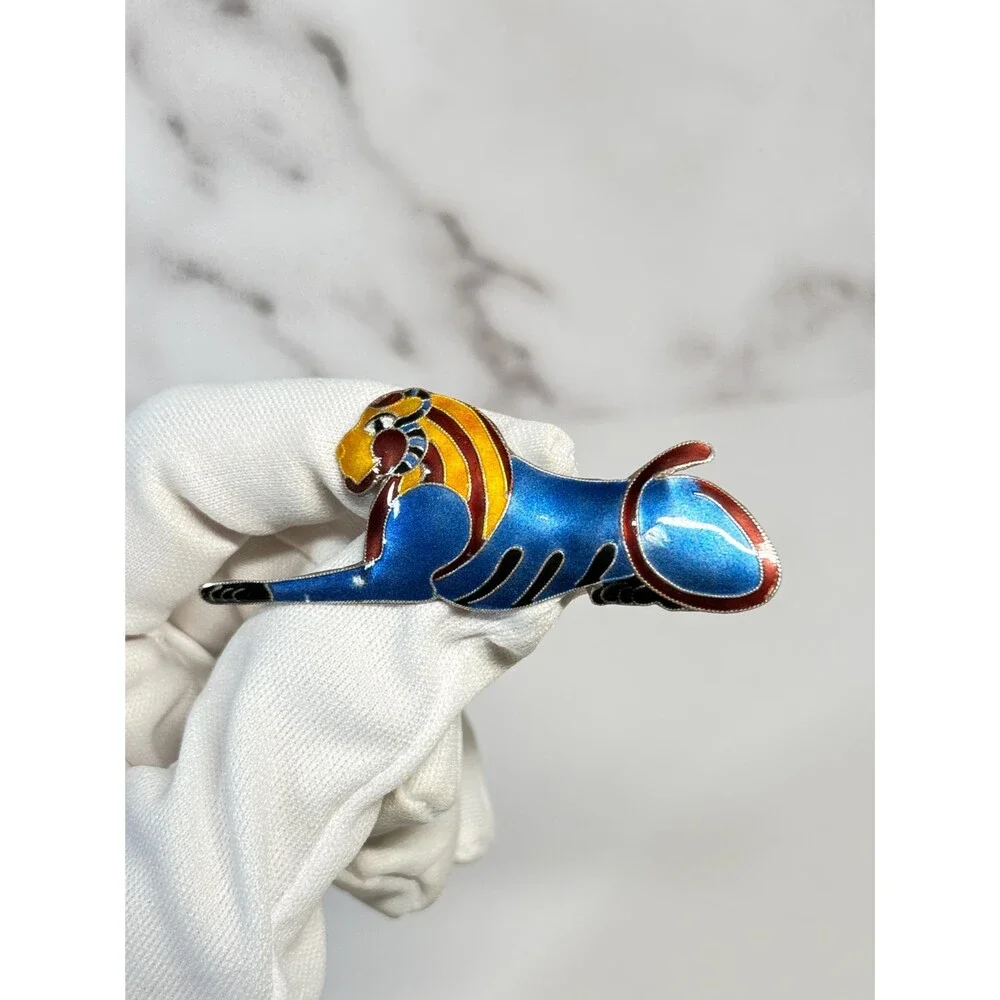 Vintage S925 Sterling Silver Cloisonne Enamel Lion Brooch Pin